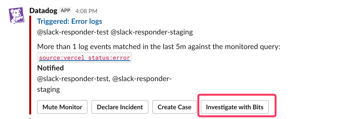 A Datadog alert in Slack with an Investigate with Bits action