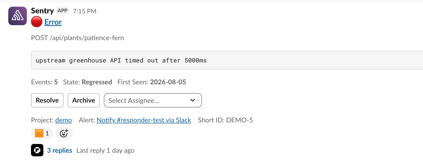 A Sentry alert in Slack with a severity indicator and Responder thread