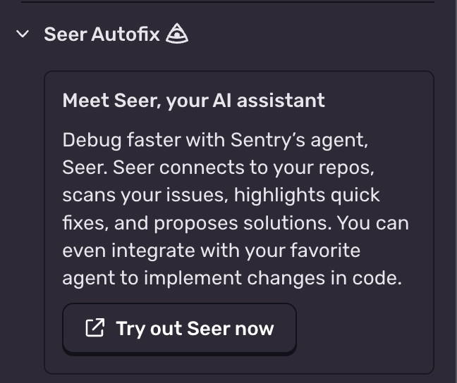 Sentry's Seer Autofix panel offering AI-assisted debugging